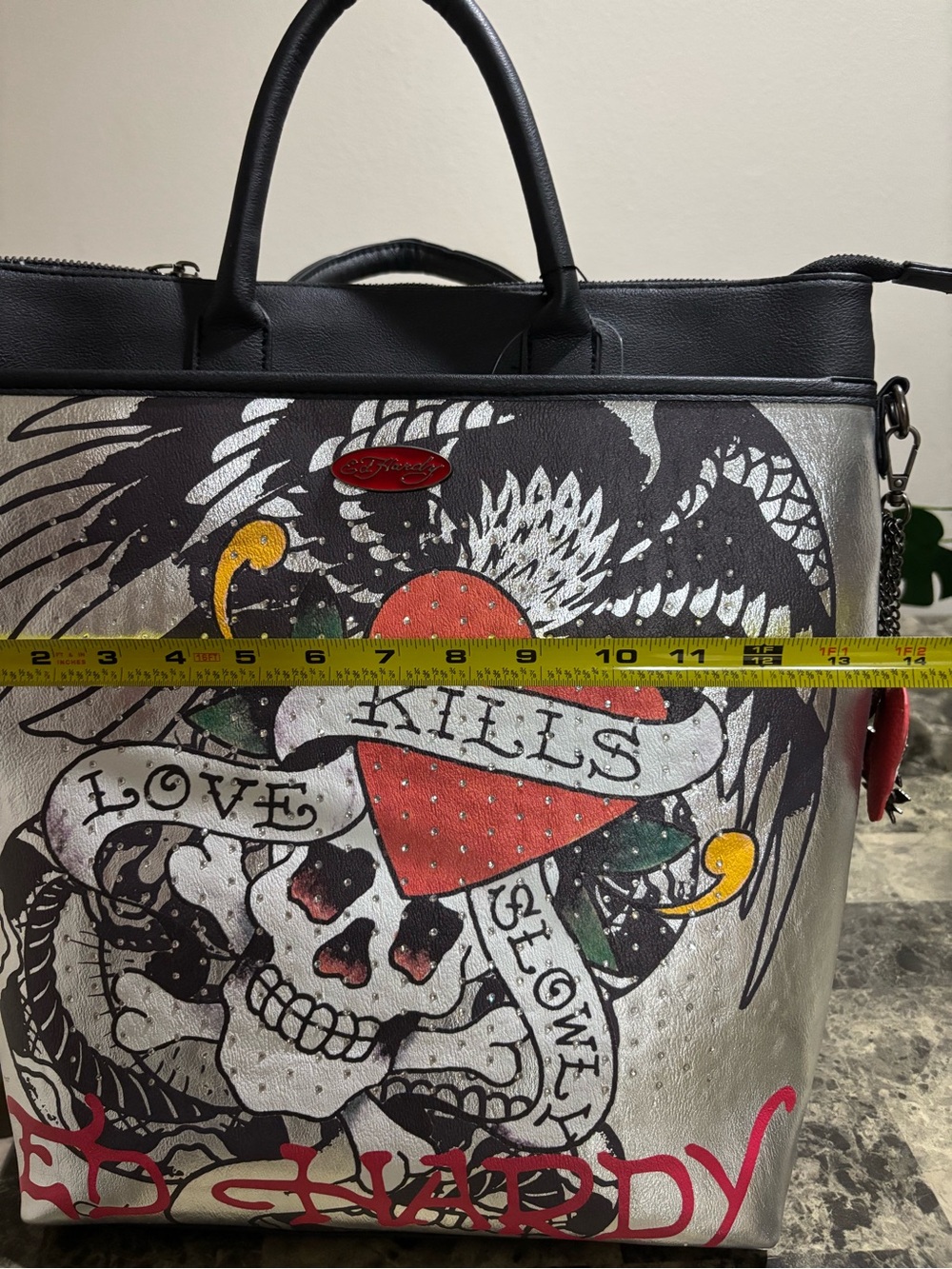 Ed Hardy Silver Metallic Backpack with Black Handles and Red Accents - Picture 12 of 15